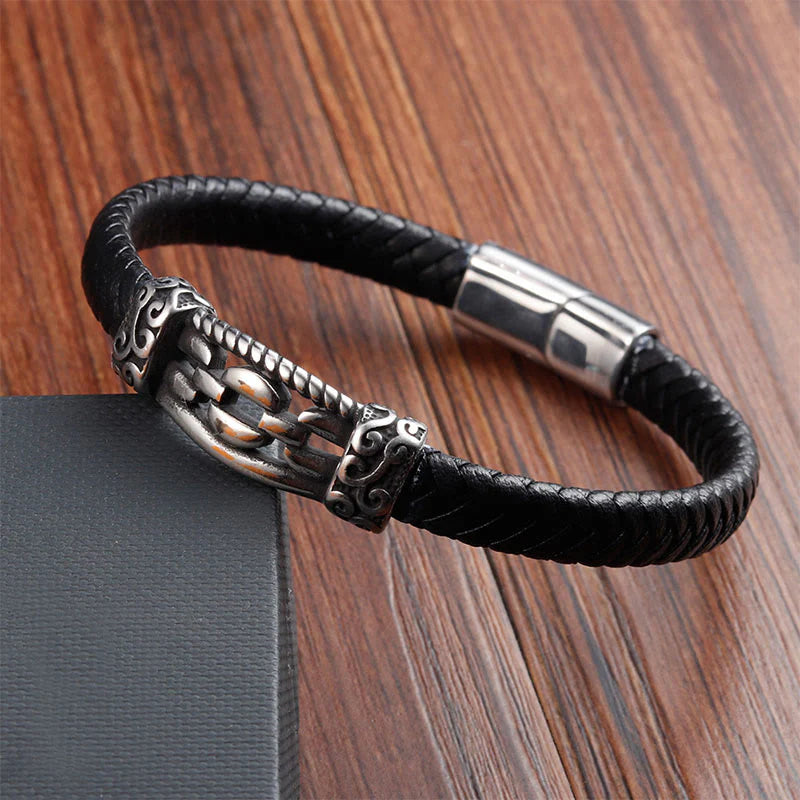 Buddha Stones Chain Link Design Titanium Steel Multi-layer Leather Balance Braided Bracelet
