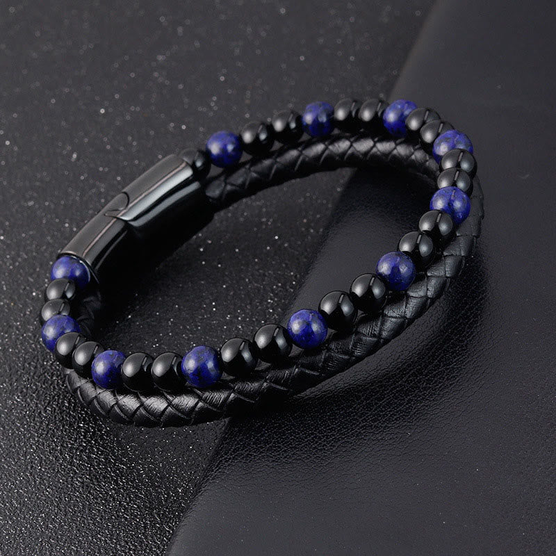 Buddha Stones Black Onyx Lazurite Lapis Lazuli Titanium Steel Positive Self Care Leather Bracelet