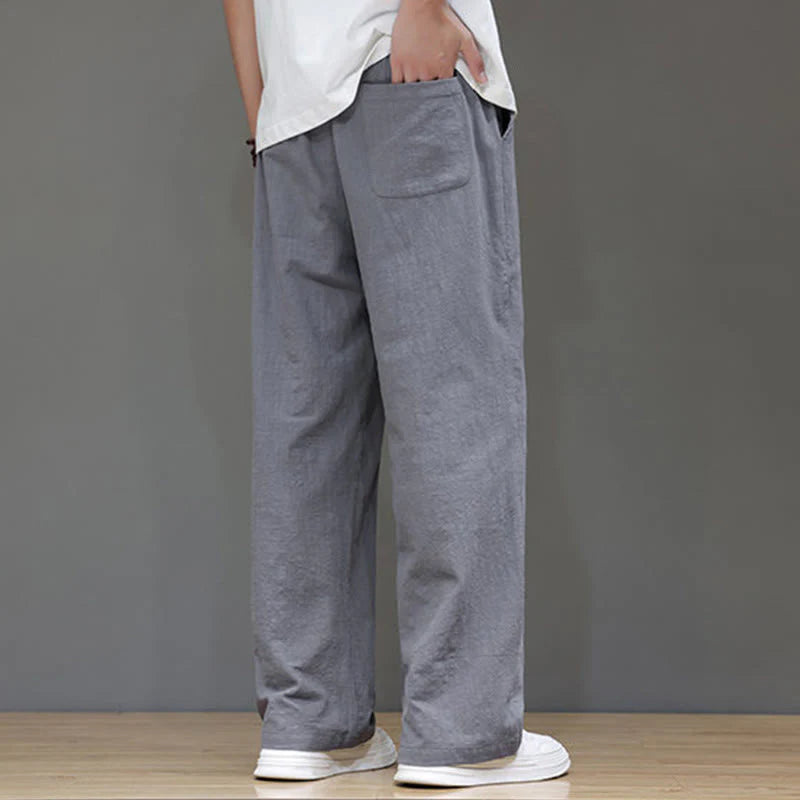 Buddha Stones Summer Men's Cotton Linen Straight Leg Pants With Pockets