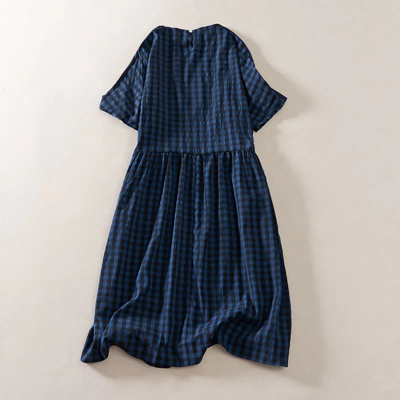 Buddha Stones Summer MidnightBlue Checked  A-line Pleated Crew Neck Knee Length Women's Short Sleeve Dress