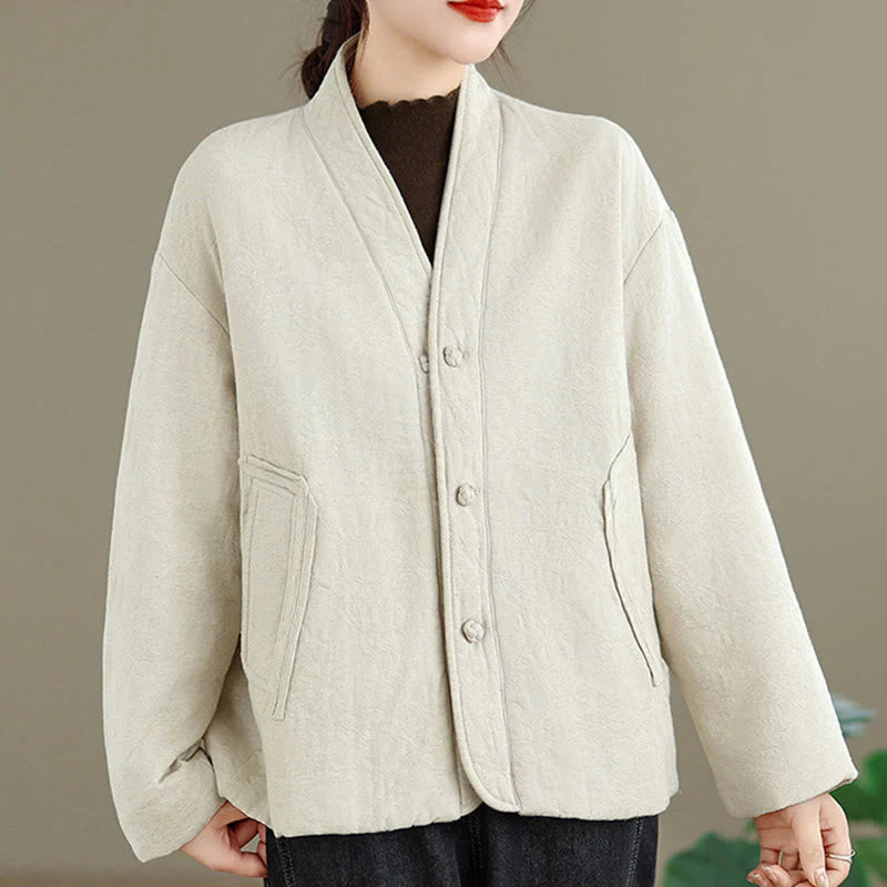 Buddha Stones Winter V-Neck Jacquard Frog-Button Cotton Long Sleeve Women's Thermal Jacket With Pockets