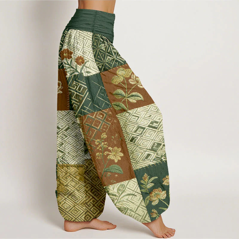 Buddha Stones Cotton Color Blocking Design Flower Geometry Pattern Women's Elastic Waist Harem Pants