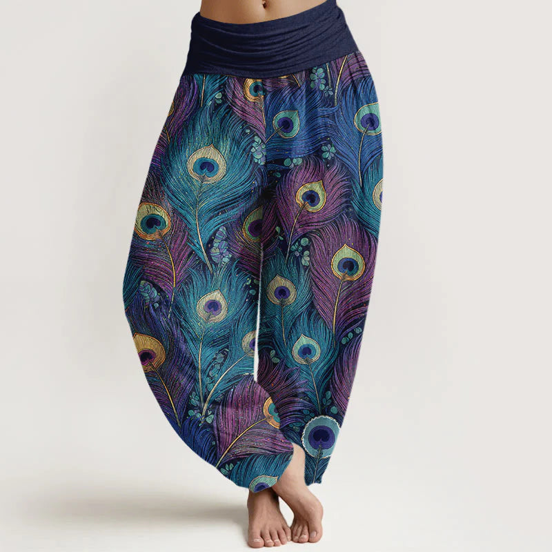 Buddha Stones Peacock Feathers Pattern Pure Cotton Women's Elastic Waist Harem Pants