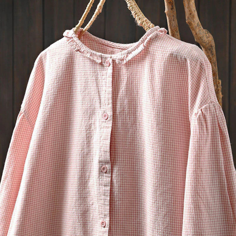 Buddha Stones Spring Small Plaid Buttons Down Long Sleeve Women's Cotton Shirt