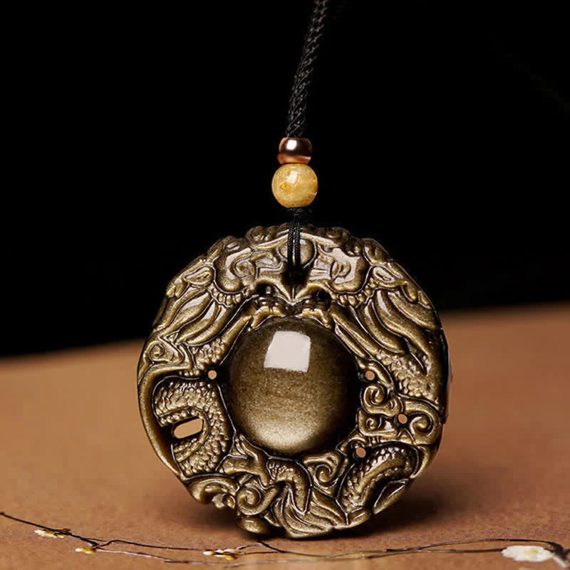 Buddha Stones Natural Gold Sheen Obsidian Rainbow Obsidian Dragon Strength Necklace Pendant (Extra 35% Off | USE CODE: FS35)