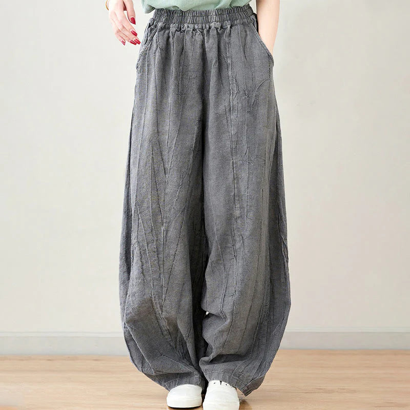 Buddha Stones Casual Plain Loose Tie-Dye Distressed Women's Ramie Pants With Pockets