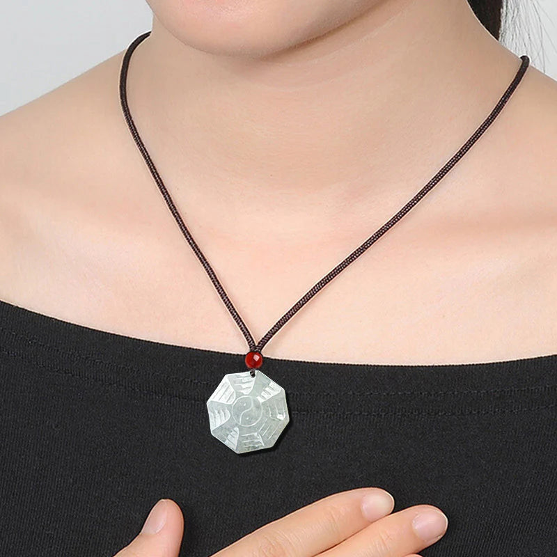 Buddha Stones Natural Jade Bagua Yin Yang Luck Necklace Pendant