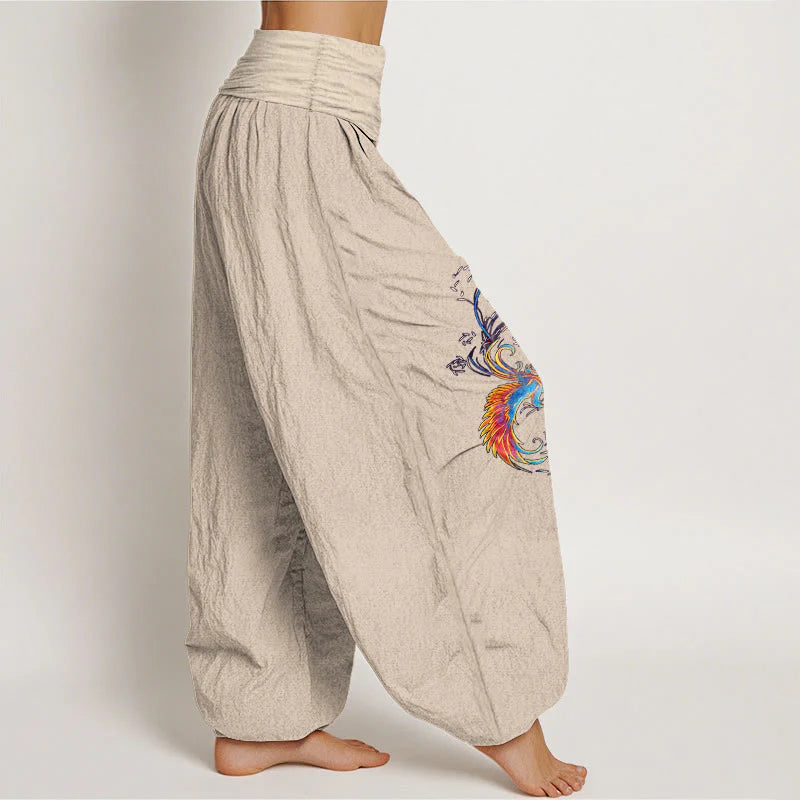 Buddha Stones Pure Cotton Gorgeous Phoenix Pattern Women's Elastic Waist Harem Pants