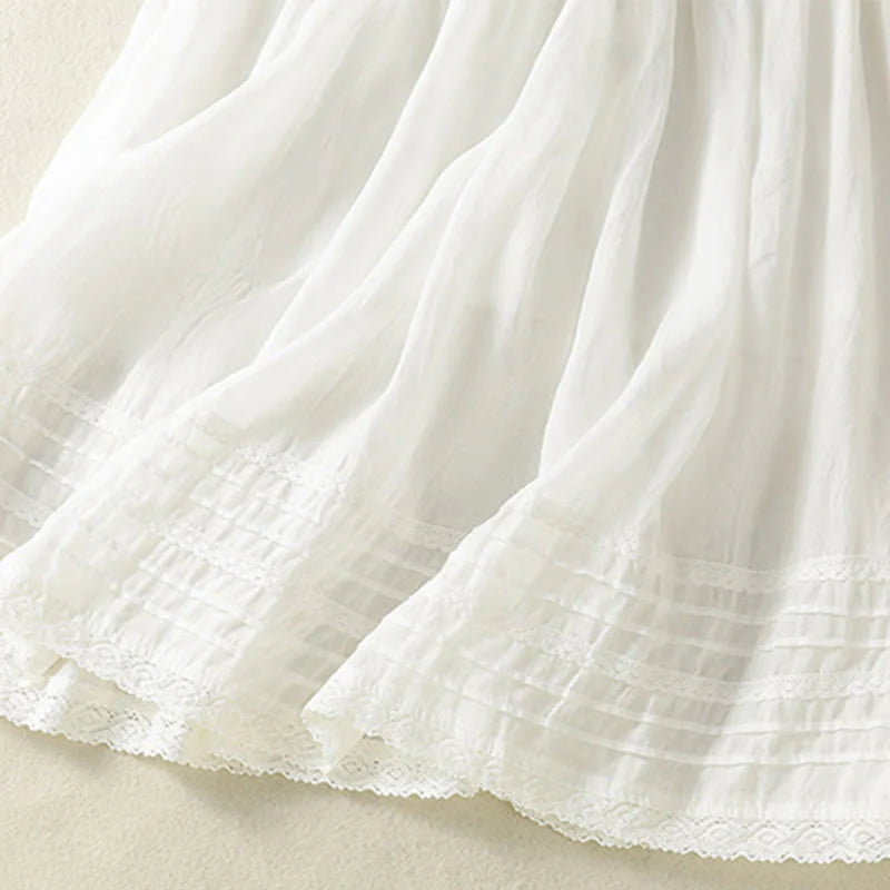 Buddha Stones Summer Plain Drawstring Lace Patchwork Design Women's Cotton Linen 7-8 Length Skirt
