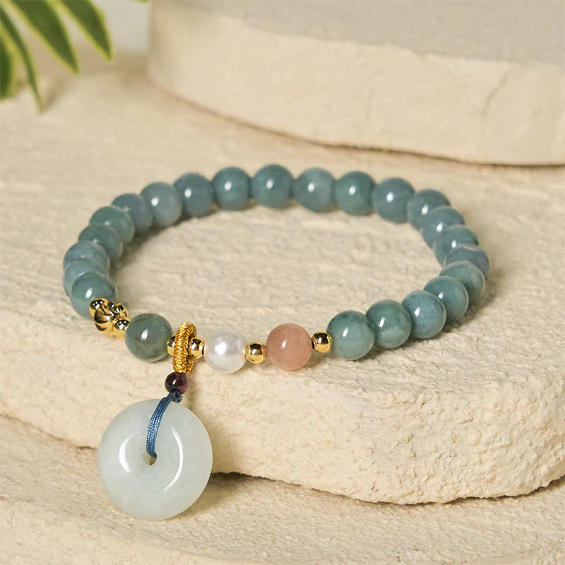 Buddha Stones Peace Buckle Jade Round Beaded Luck Auspicious Bracelet