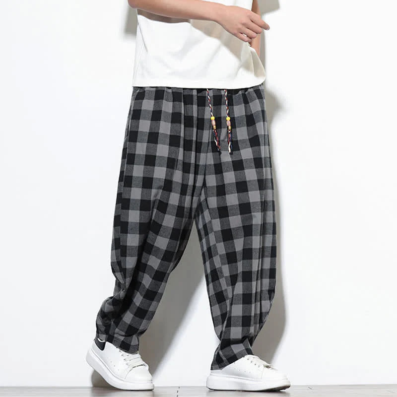 Buddha Stones Summer Plaid Pattern High Waist Drawstring Men's Harem Pants With Pockets