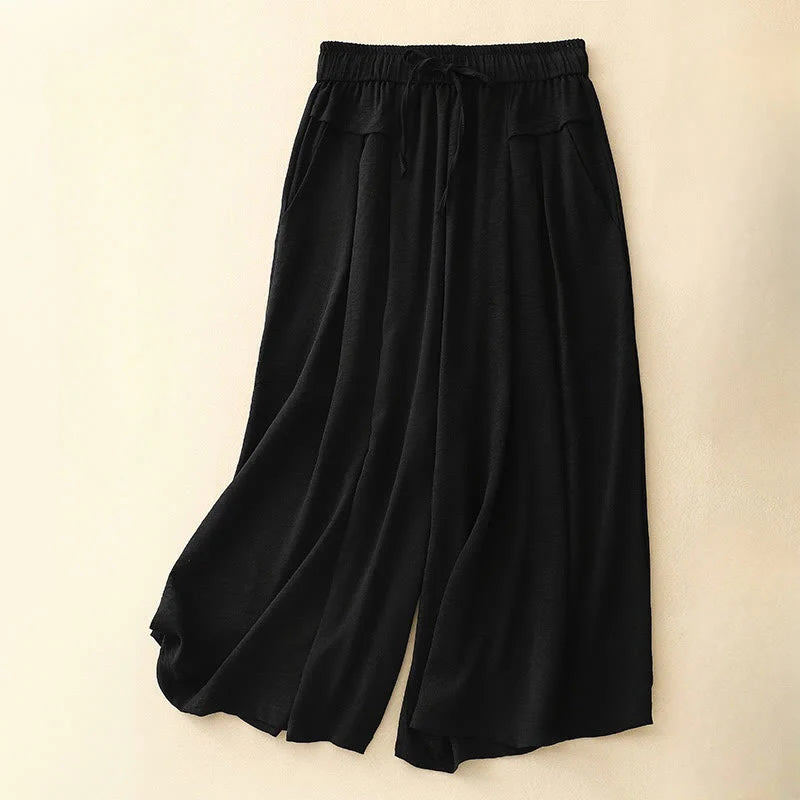 Buddha Stones Causal Ethnic Simple Drawstring Design Women's Wide Leg Cropped Pants With Pockets