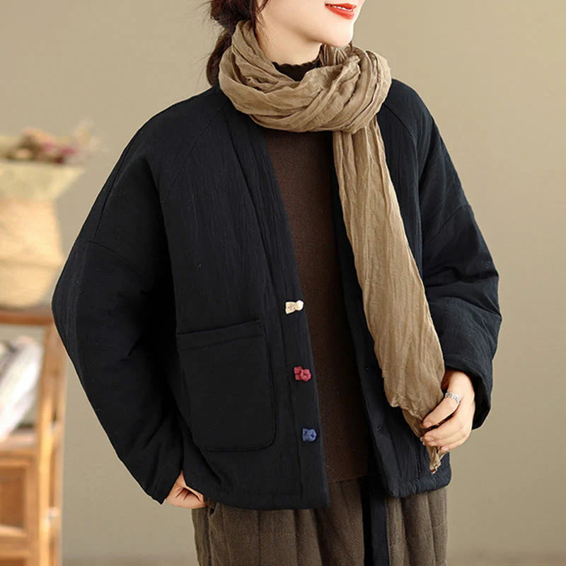 Buddha Stones Winter Long Sleeve Cotton Women's Thermal Jacket With Pockets