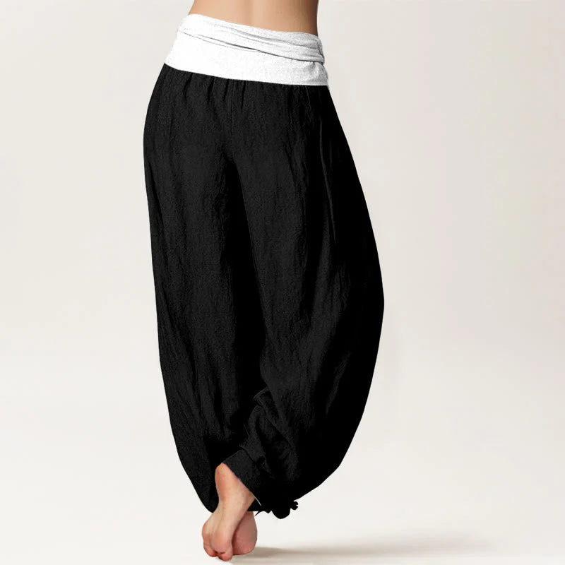 Buddha Stones Cotton Blue Black Gray Solid Color Women's Elastic Waist Harem Pants