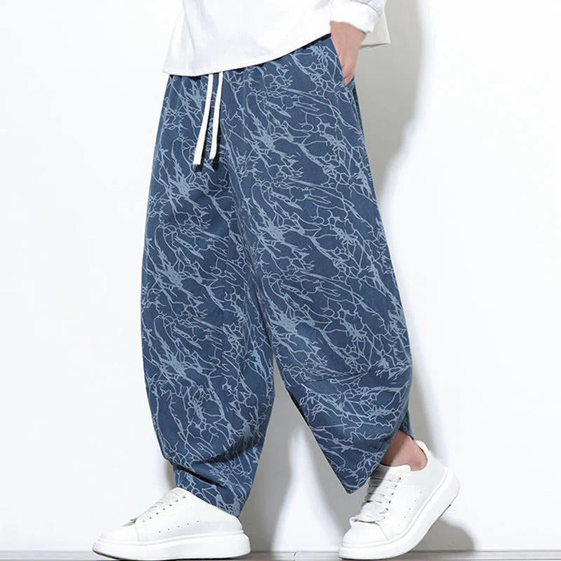 Buddha Stones Fall Textured Lines Print Cotton Elastic Waist Ankle-Length Men's Harem Pants With Pockets