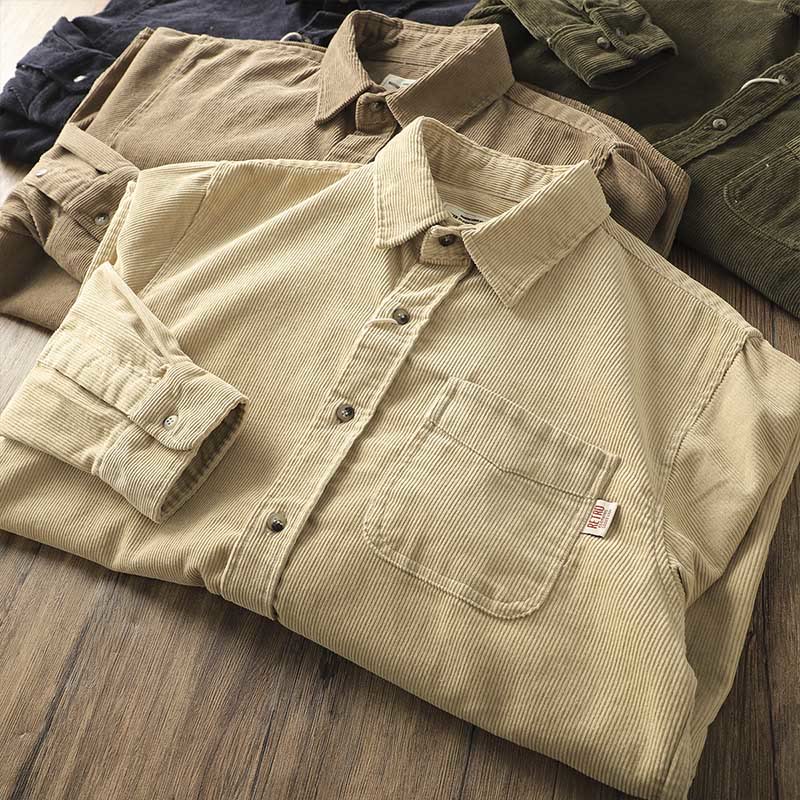 Buddha Stones Lapel Corduroy Solid Color Men's Long Sleeve Cotton Thickened Jacket With Pockets