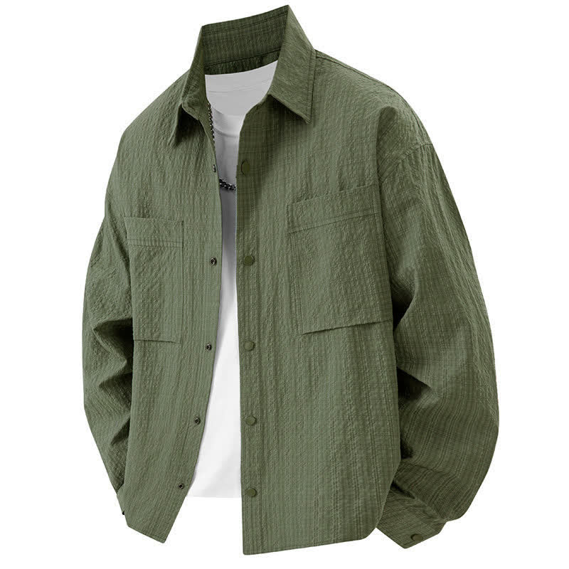 Buddha Stones Spring Solid Color Textured Long Sleeve Button Men's Lapel Shirts With Pocket