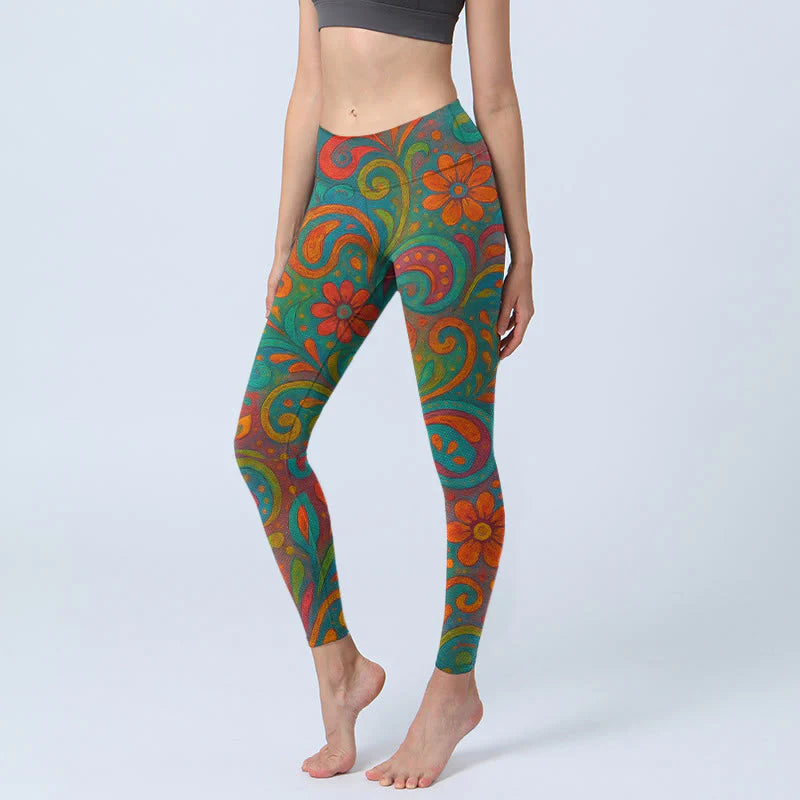 Buddha Stones Vibrant Swirling Florals Paisley Print Gym Leggings Women's Yoga Pants