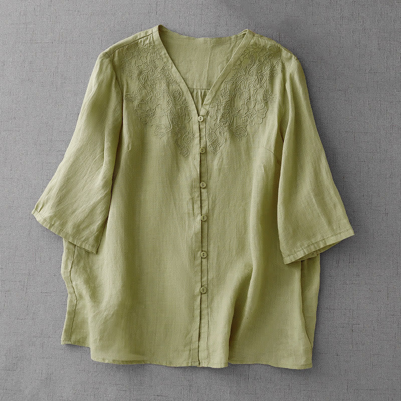Buddha Stones Artistic Pure Color Embroidered Front Button Design Women's Cotton Half Sleeve Shirt Cardigan