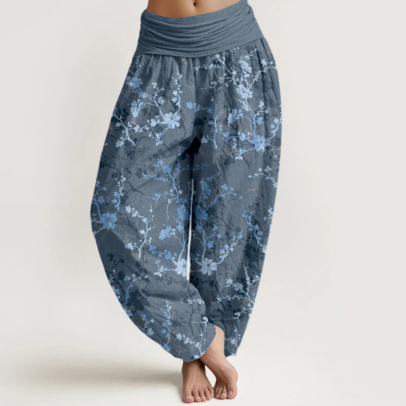 Buddha Stones Pure Cotton Blooming Flowers Branches Leaves Women's Elastic Waist Harem Pants