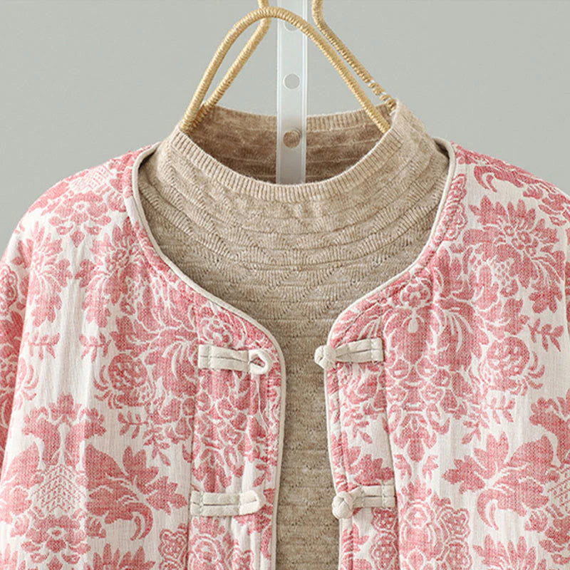 Buddha Stones Women's Peony Flowers Frog-Button Design Long Sleeve Thermal Jacket With Pockets