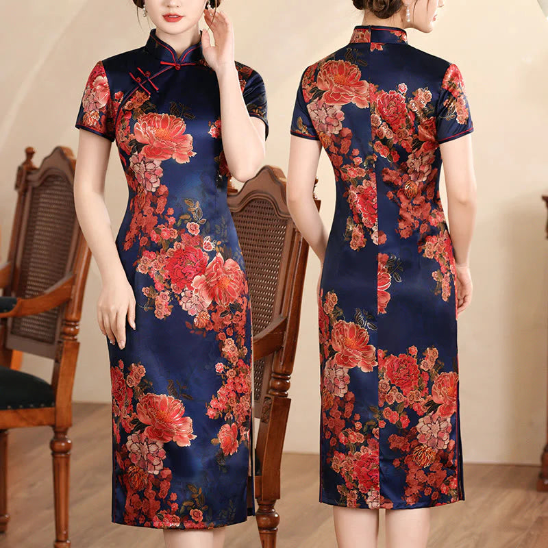 Buddha Stones Retro Flower Lotus Peony Feather Print Qipao Dress Women's Cheongsam Dress (Extra 30% Off | USE CODE: FS30)