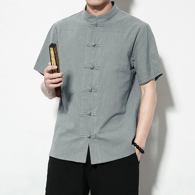 Buddha Stones Casual Solid Color Front Frog Buttons Chinese Tang Suit Short Sleeve Linen Men's Shirt