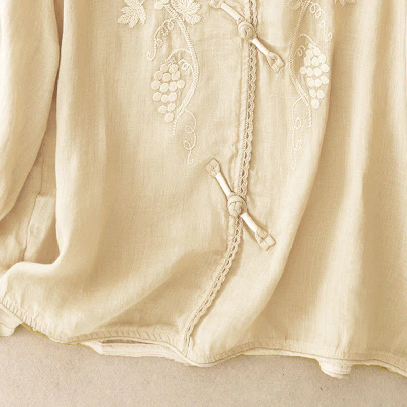 Buddha Stones Embroidered Grapes Pattern Lace Design Frog-Button Three Quarter Sleeve Women's Cotton Shirt