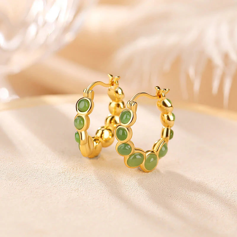 Buddha Stones 925 Sterling Silver Plated Gold Hetian Cyan Jade Pea Ear Clip Prosperity Earrings  (Extra 30% Off | USE CODE: FS30)