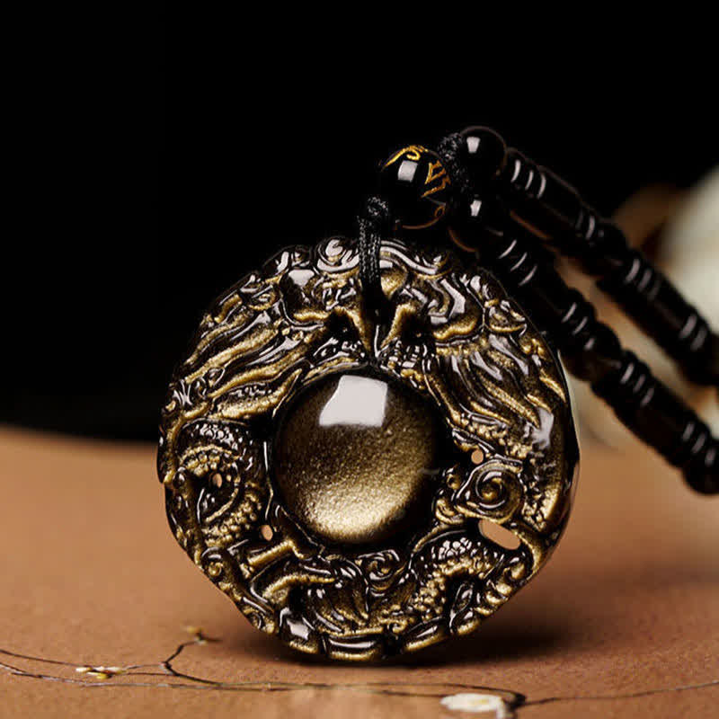 Buddha Stones Natural Gold Sheen Obsidian Rainbow Obsidian Dragon Strength Necklace Pendant (Extra 35% Off | USE CODE: FS35)