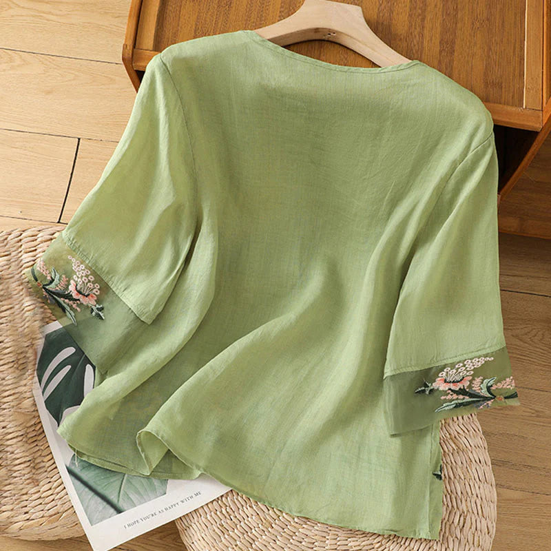 Buddha Stones Casual Floral Embroidery Crew Neck Women's Frog-Button Polyester Half Sleeve Shirt