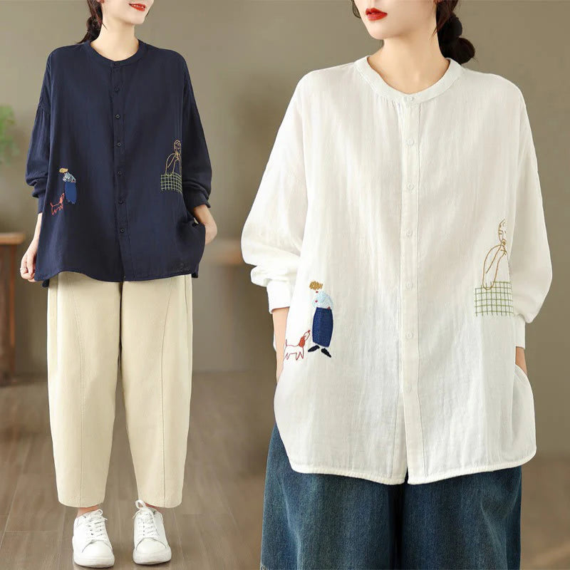 Buddha Stones Fall Embroidery Human Figure Dog Pattern Round Neck Buttons Women's Long Sleeve Shirt