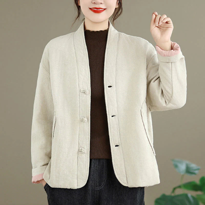 Buddha Stones Winter V-Neck Jacquard Frog-Button Cotton Long Sleeve Women's Thermal Jacket With Pockets