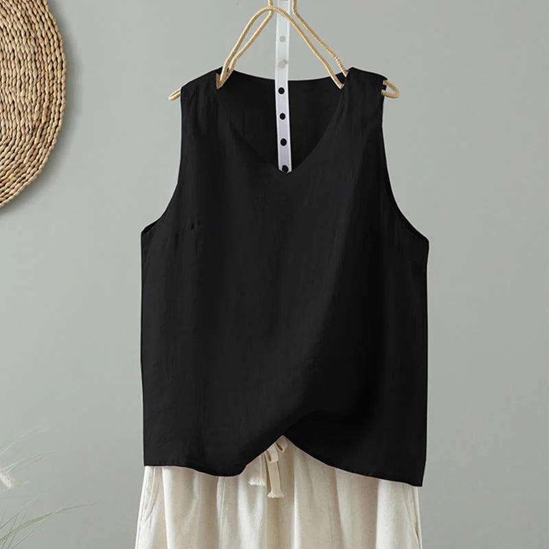 Buddha Stones Vintage Pure Color V-Neck Cotton Sleeveless Women's Vest Waistcoat
