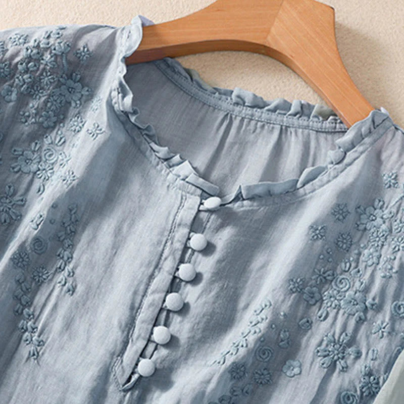 Buddha Stones Casual Plain Button Floral Embroidered Design Puff Half Sleeve Women's Shirt