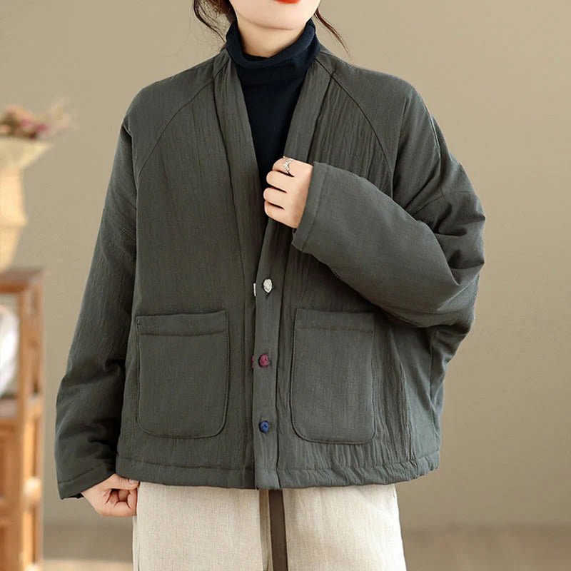 Buddha Stones Winter Long Sleeve Cotton Women's Thermal Jacket With Pockets