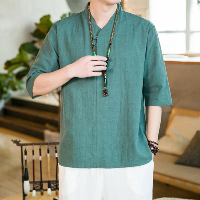 Buddha Stones Summer Vintage Solid Color Frog-Button Design Men's Cotton Three Quarter Sleeve Shirt