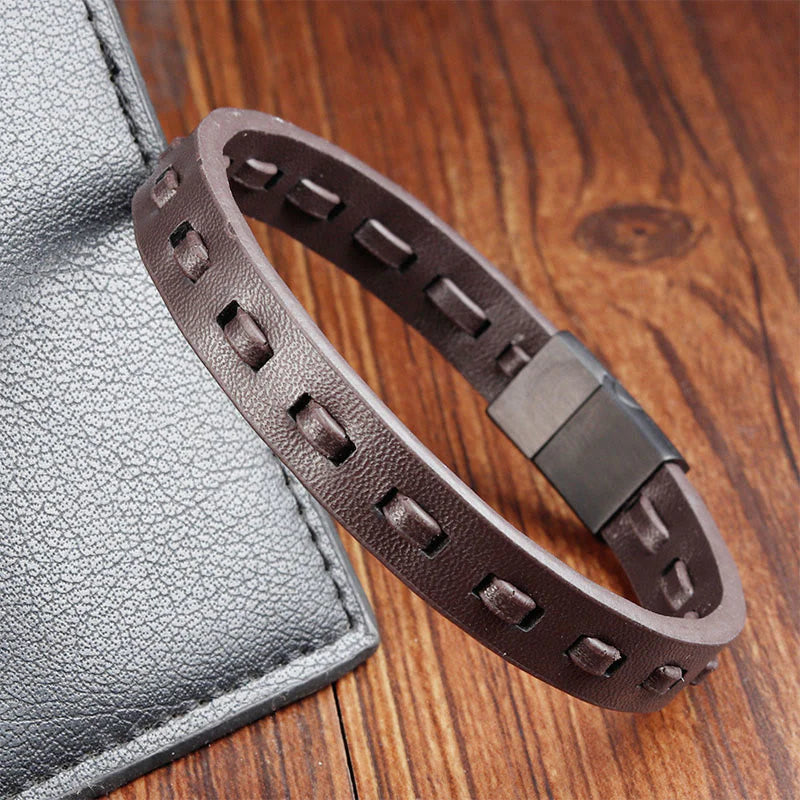 Buddha Stones Titanium Steel Buckle Multilayered Braided Leather Calm Bracelet
