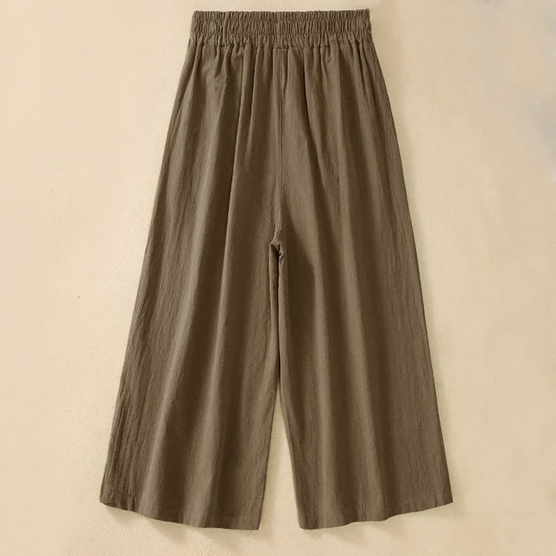 Buddha Stones High Waist Capri Cropped Women's Wide Leg Cotton Pants With Pockets