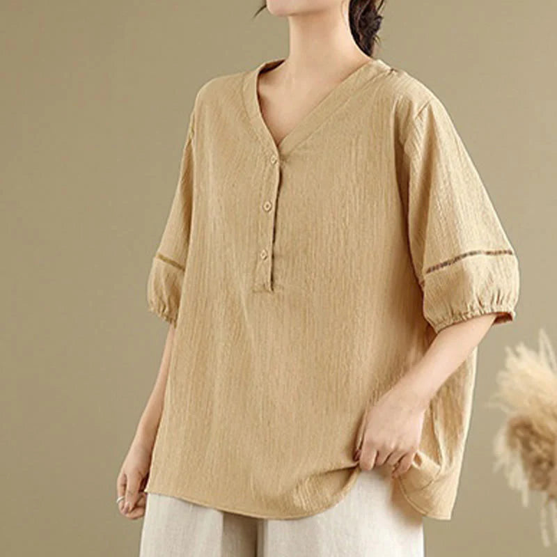 Buddha Stones Casual Plain Button V-Neck Women's Polyester Short Sleeve Shirt
