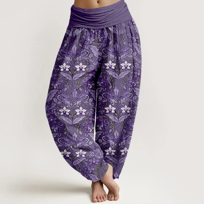 Buddha Stones Cotton Star Shaped Flowers Leaves Pattern Women's Elastic Waist Harem Pants