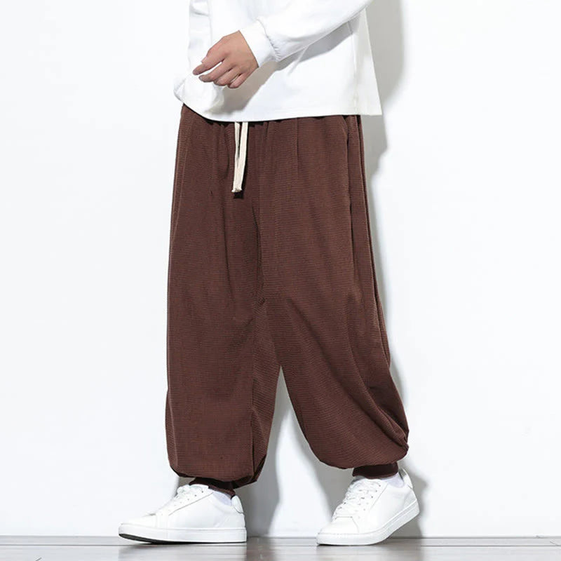 Buddha Stones Fall Plain Drawstring Simple Design Men's Harem Cotton Corduroy Pants With Pockets