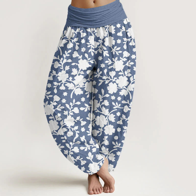 Buddha Stones Pure Cotton White Flowers Leaves Stars Pattern Women's Elastic Waist Harem Pants