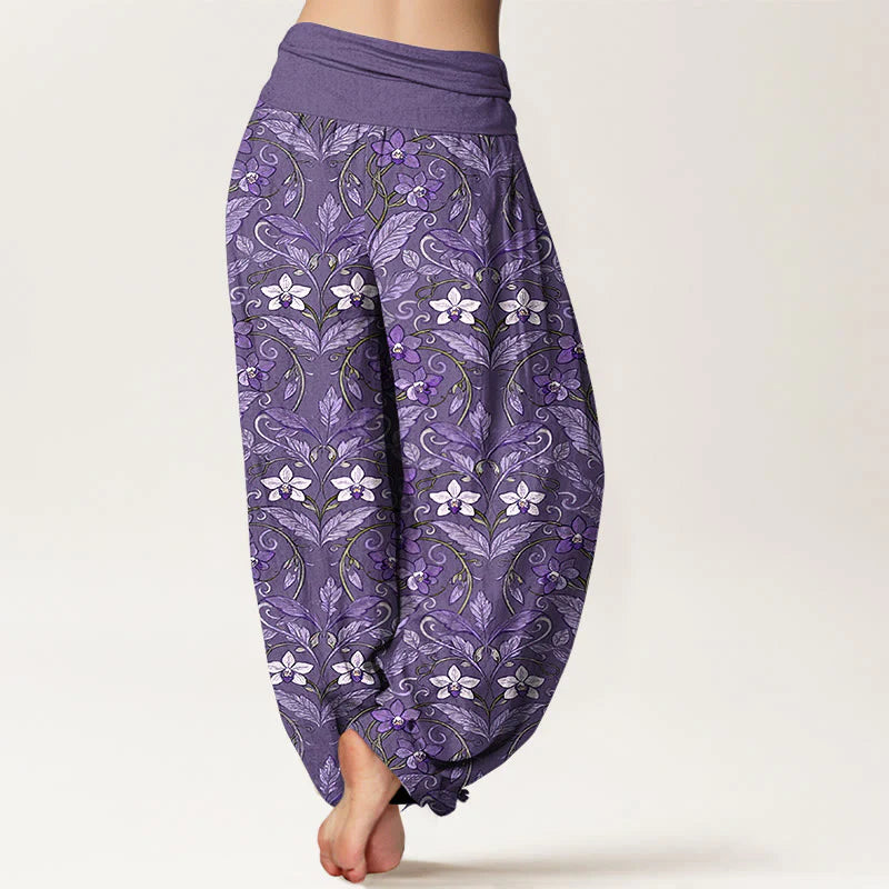 Buddha Stones Cotton Star Shaped Flowers Leaves Pattern Women's Elastic Waist Harem Pants