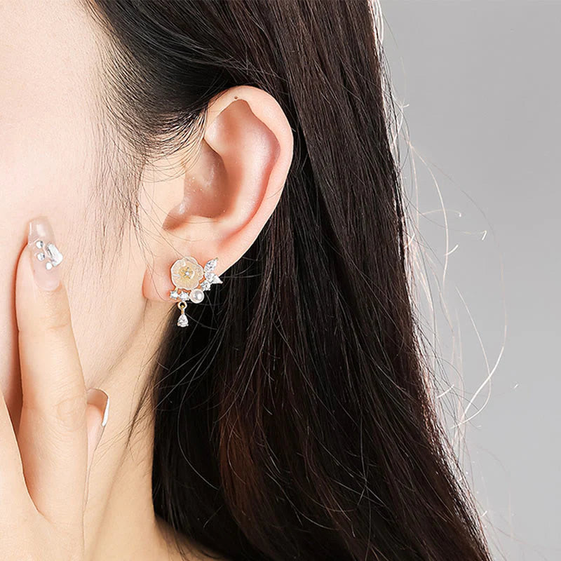 Buddha Stones White Rose Flower Zircon Copper Luck Clip-on Stud Earrings