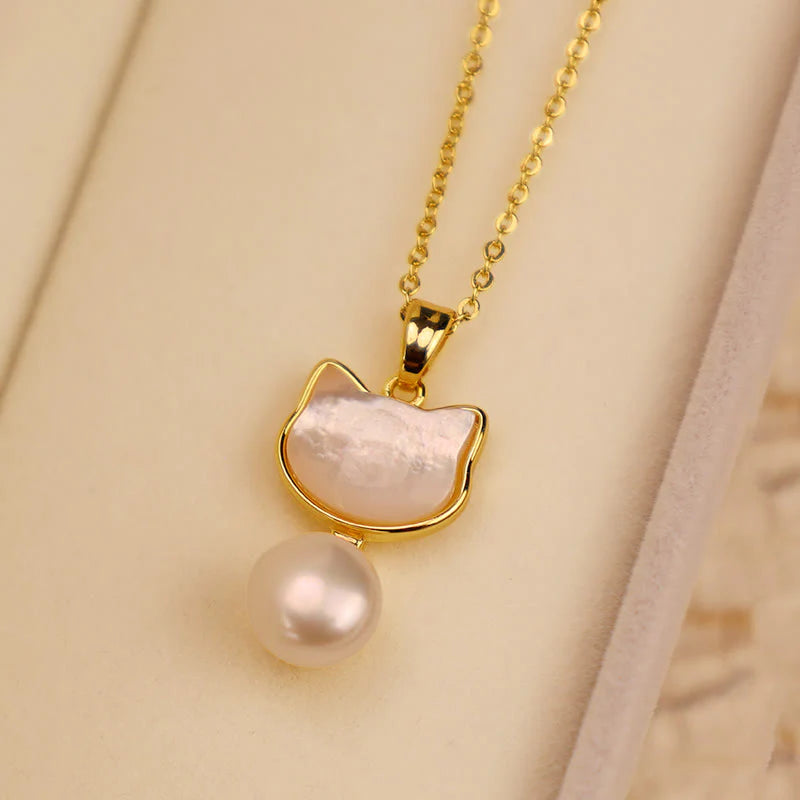 Buddha Stones Natural Pearl Copper Cat Healing Necklace Pendant Earrings