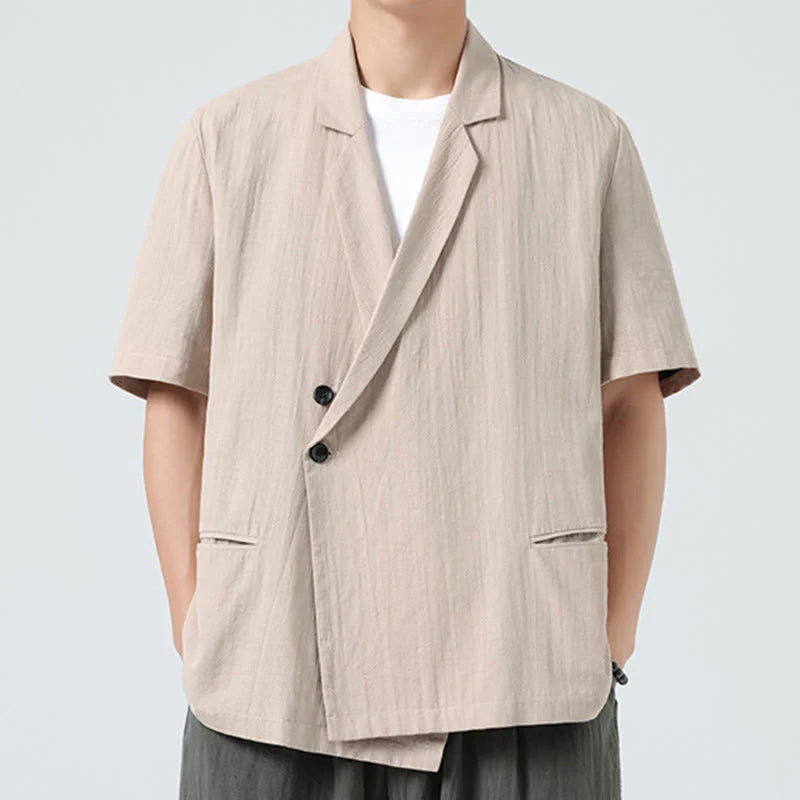 Buddha Stones Spring Plain Asymmetrical Lapel Collar Short Sleeve Men's Cotton Linen Shirt With Pockets