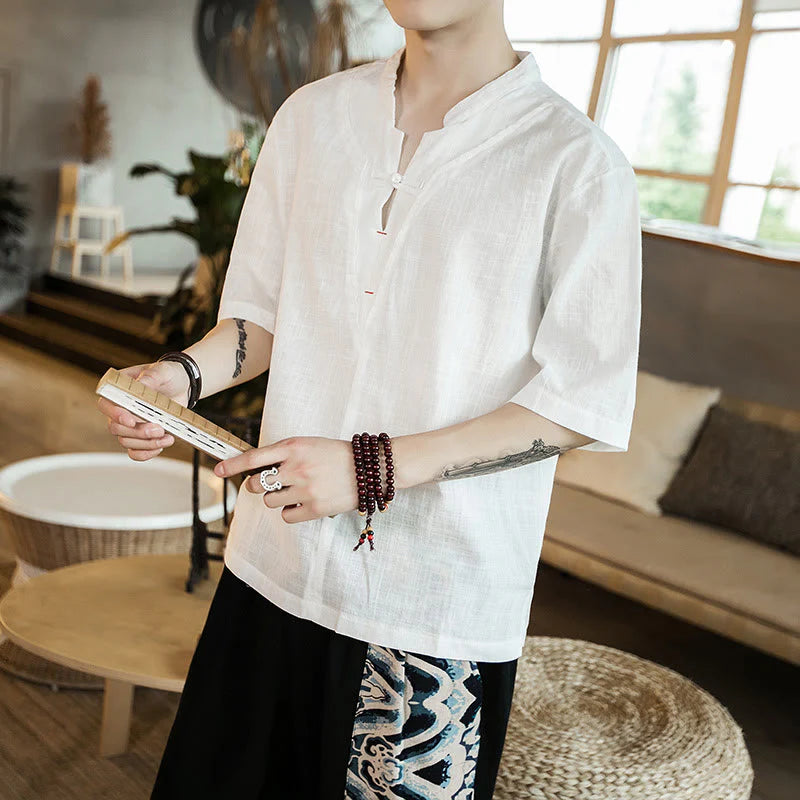 Buddha Stones Summer Plain Color Frog-Button Notched Neck Men's Half Sleeve Cotton Shirt