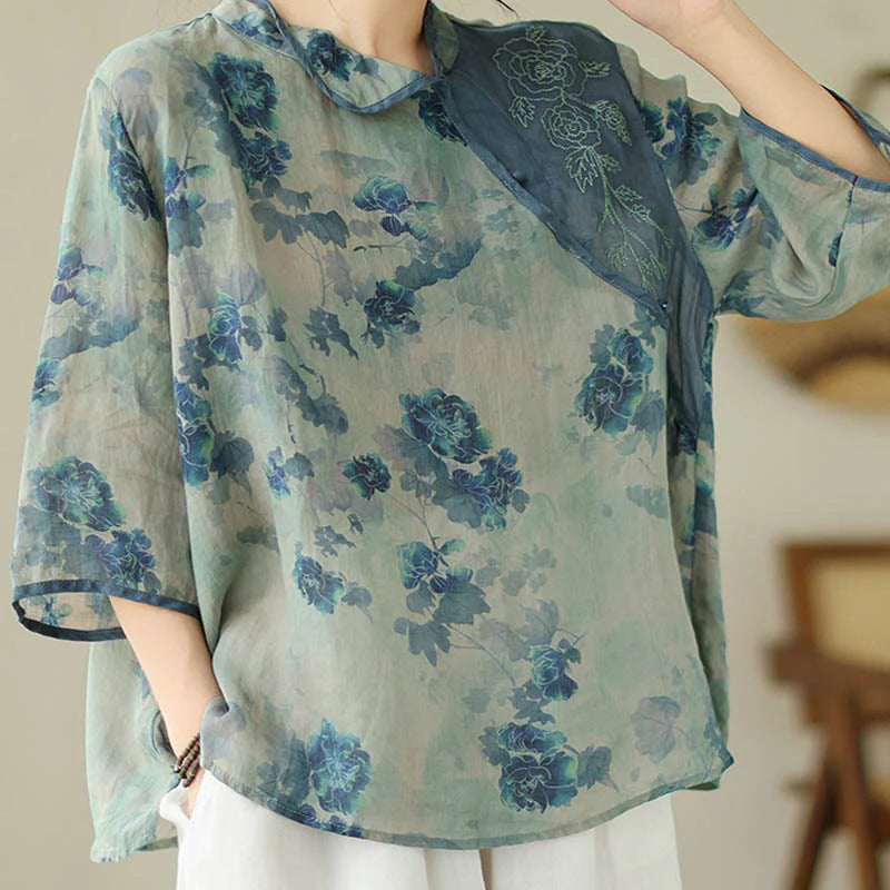 Buddha Stones PLUS SIZE Blue Jacaranda Flower Design Three Quarter Sleeve Ramie Linen Shirt