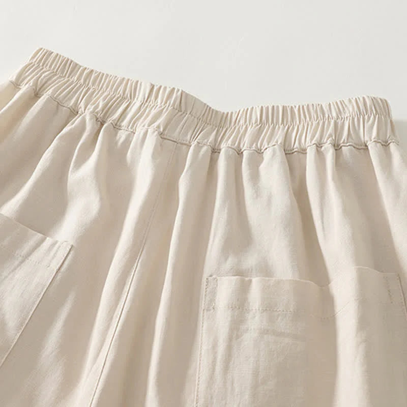 Buddha Stones Spring Solid Color Elastic Waist Cotton Women's Straight Leg Pants With Pockets